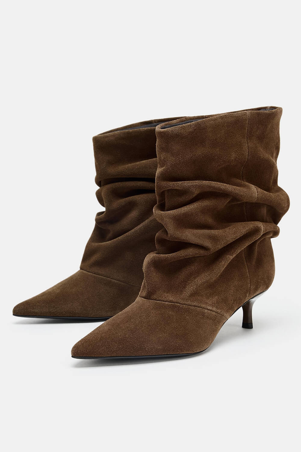 Suede Ruched Pointed Toe Ankle Mid Kitten Heel Boots