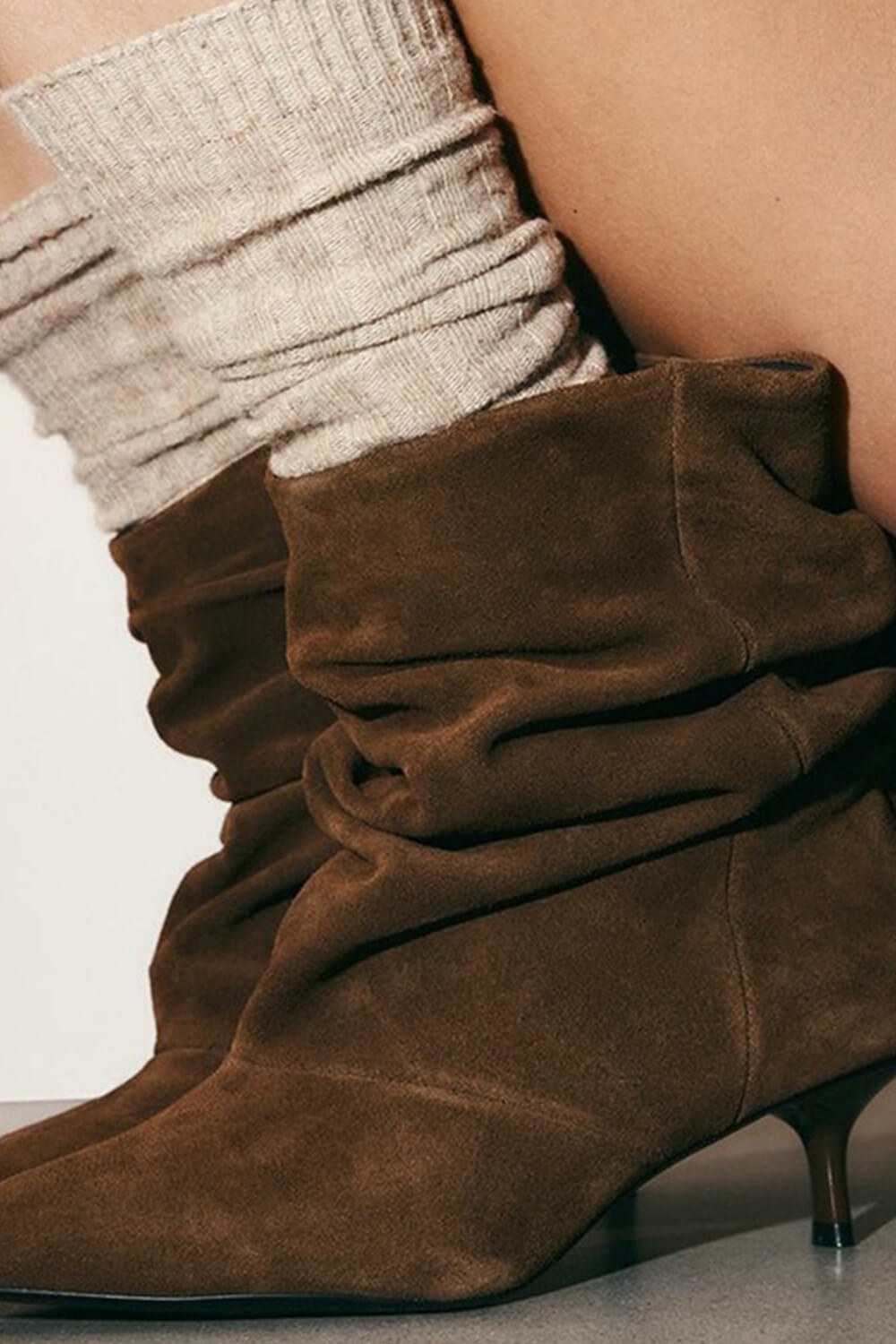Suede Ruched Pointed Toe Ankle Mid Kitten Heel Boots