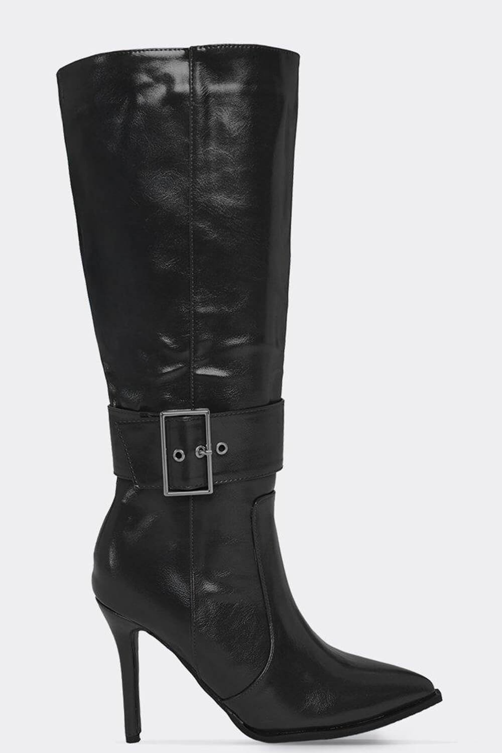 Faux Leather Buckle Detail Pointed Toe Knee High Stiletto Heel Boots