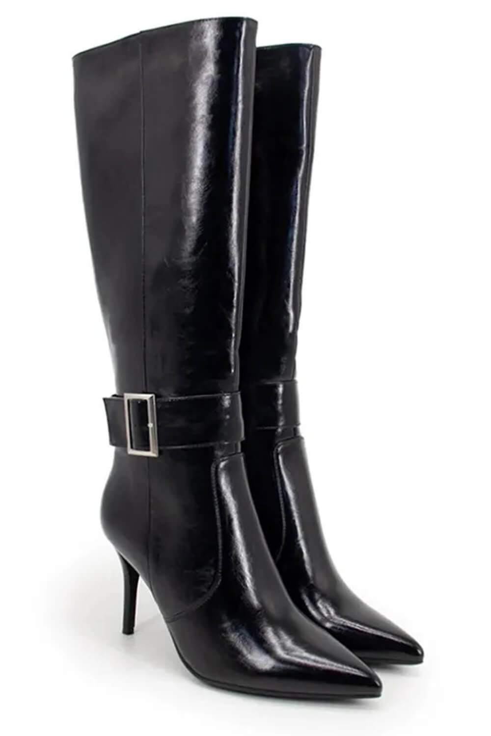 Faux Leather Buckle Detail Pointed Toe Knee High Stiletto Heel Boots