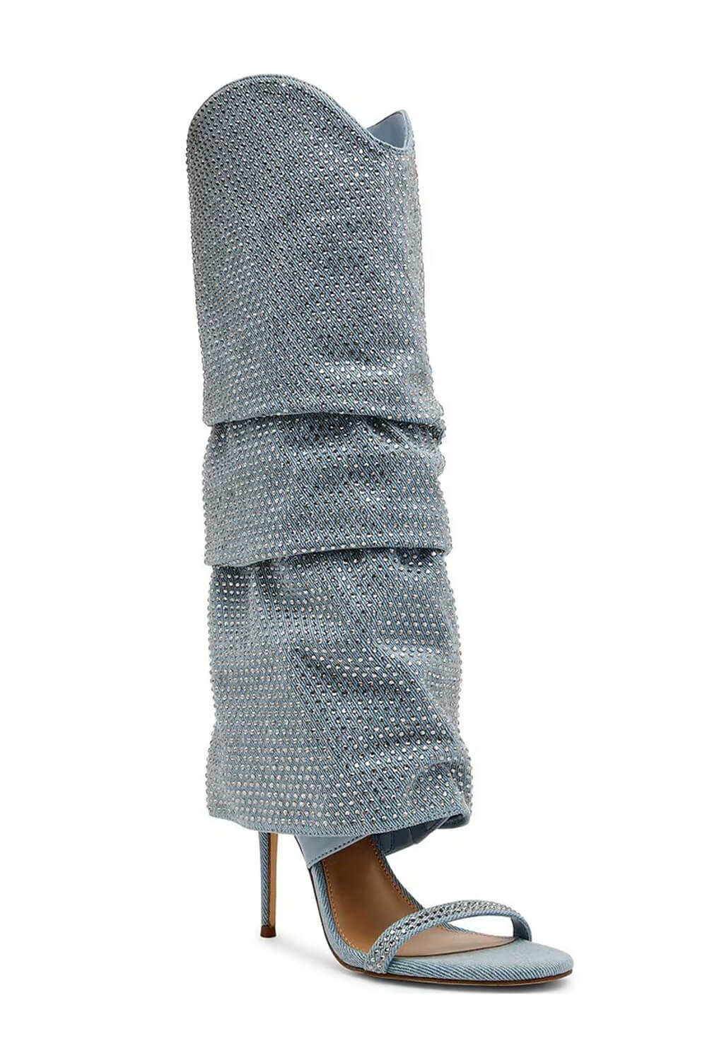 Denim Rhinestone Cuffed Stiletto Knee High Open Toe Dress Sandals