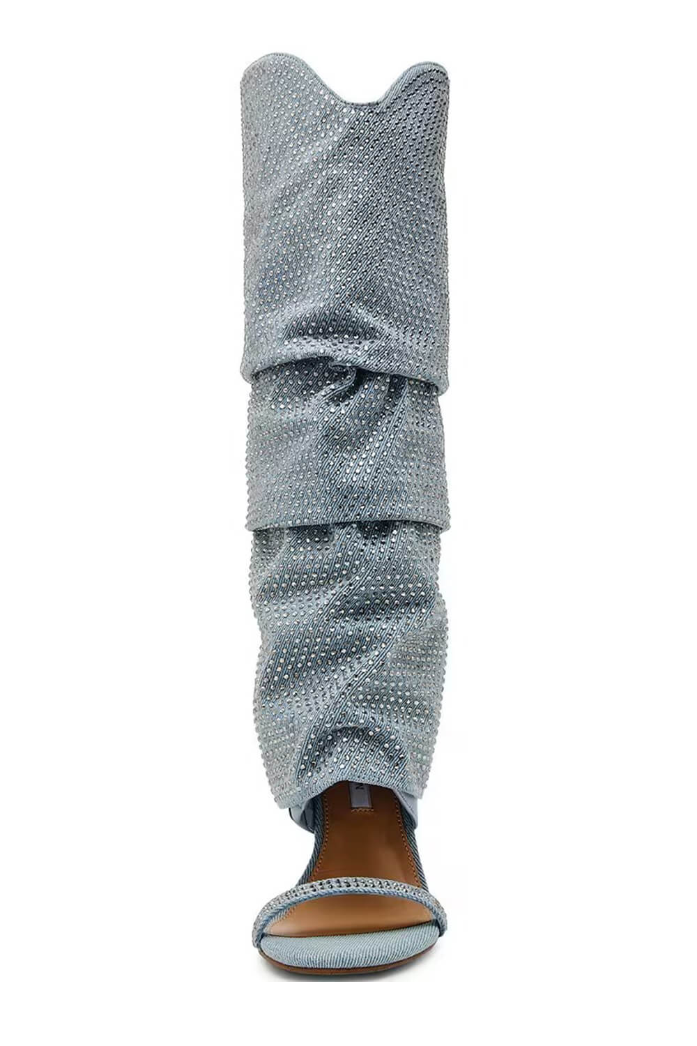 Denim Rhinestone Cuffed Stiletto Knee High Open Toe Dress Sandals