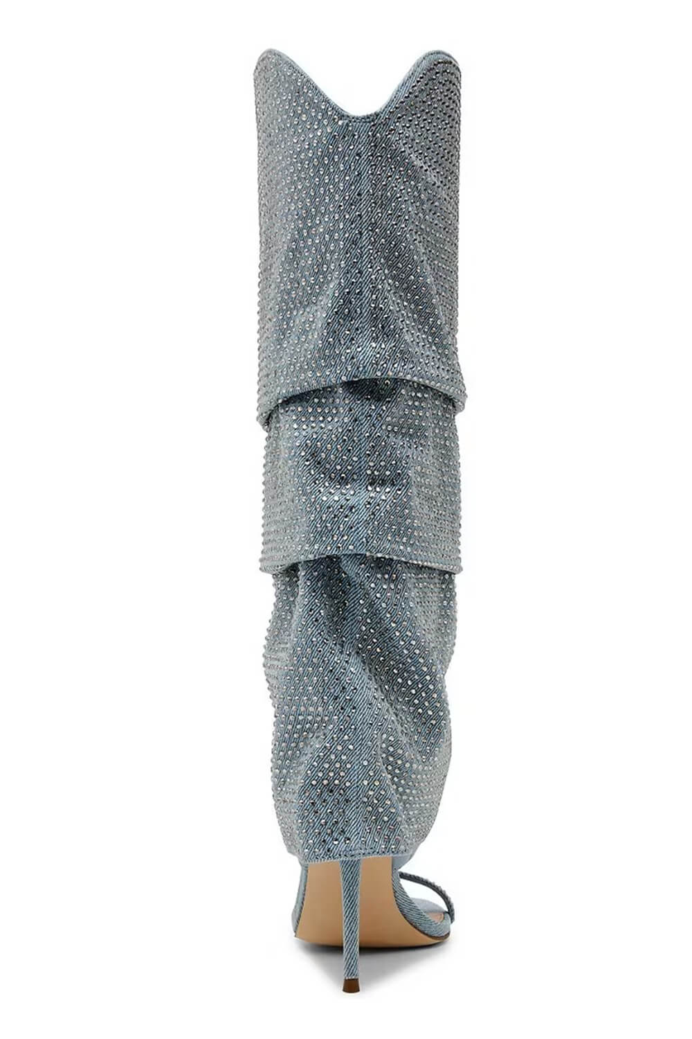 Denim Rhinestone Cuffed Stiletto Knee High Open Toe Dress Sandals