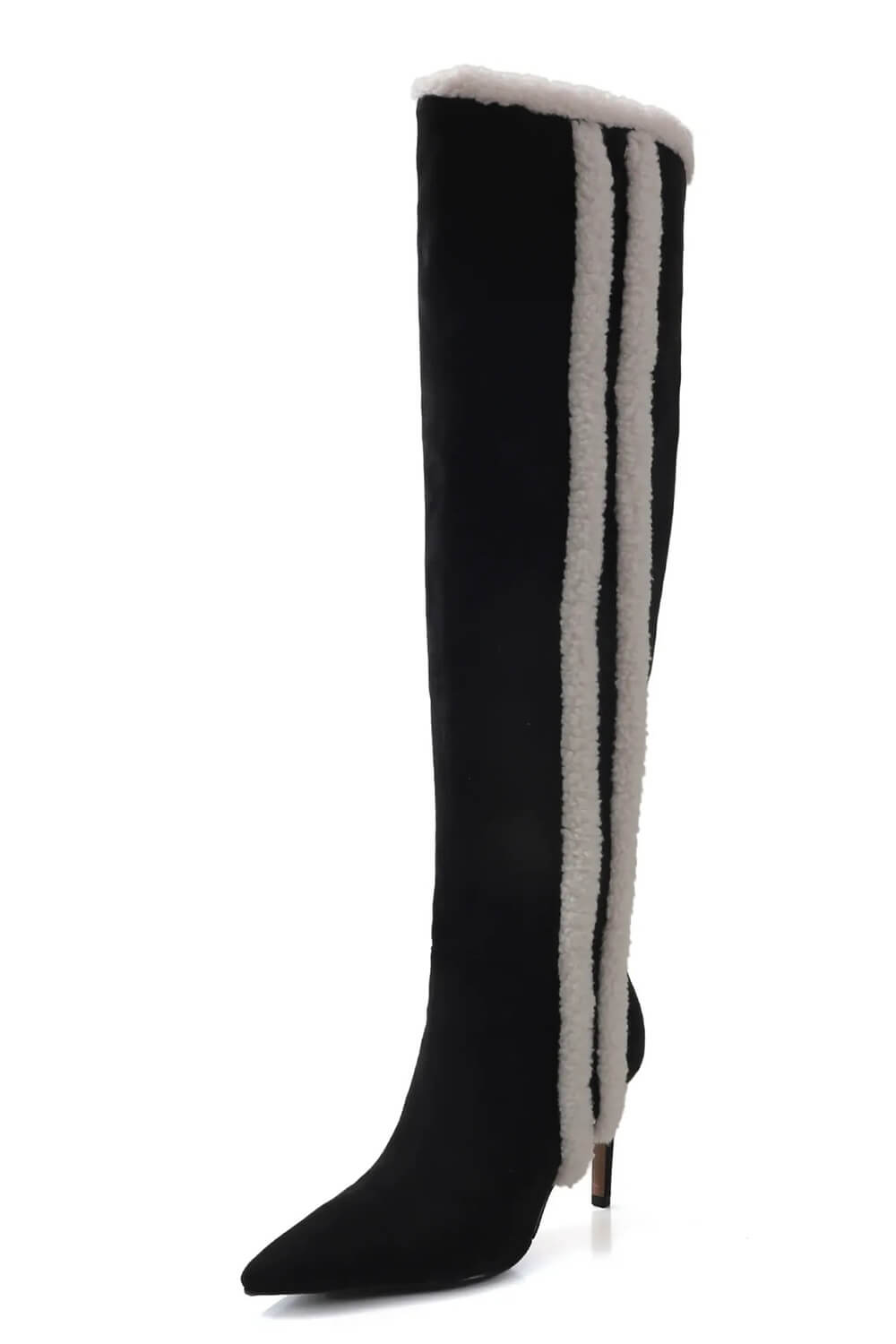 Suede Pointed Toe Knee-High Stiletto Boots With Stripe Trim