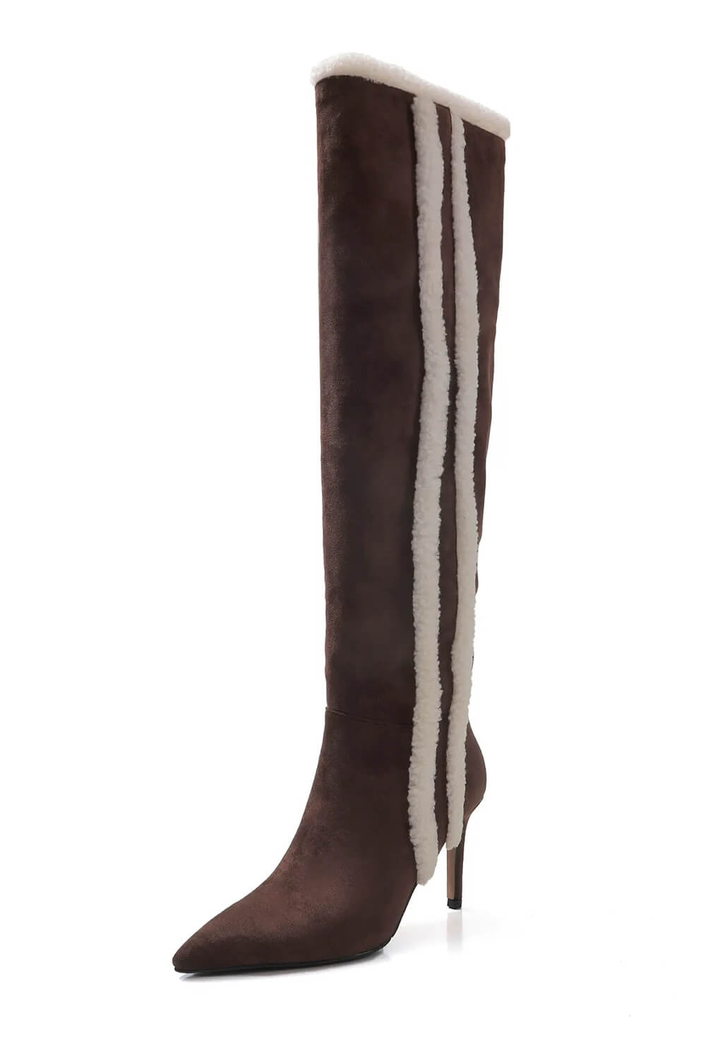 Suede Pointed Toe Knee-High Stiletto Boots With Stripe Trim