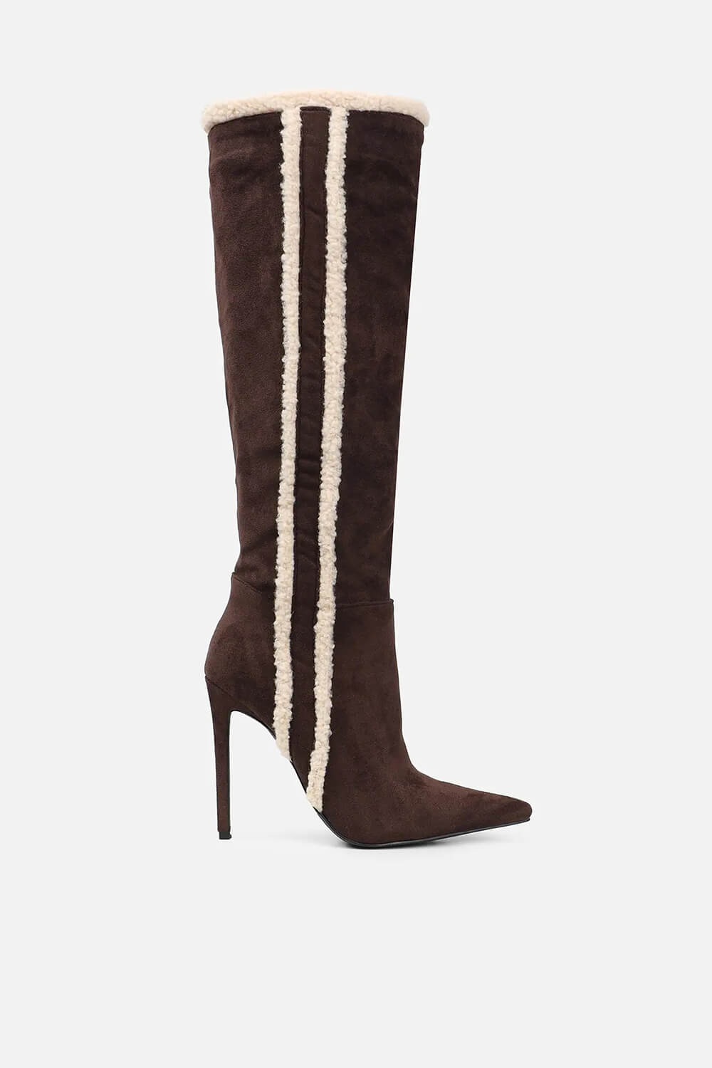 Suede Pointed Toe Knee-High Stiletto Boots With Stripe Trim