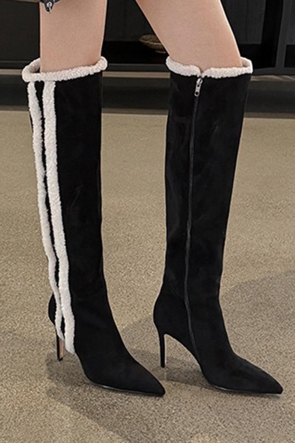 Suede Pointed Toe Knee-High Stiletto Boots With Stripe Trim