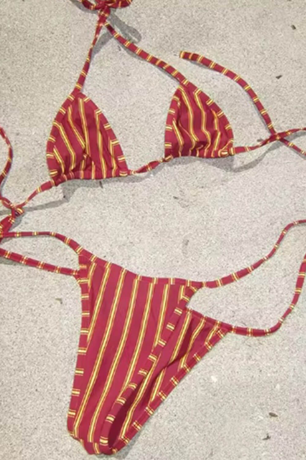 Striped Print Halterneck Triangle Tie Side Brazilian Bikini Set