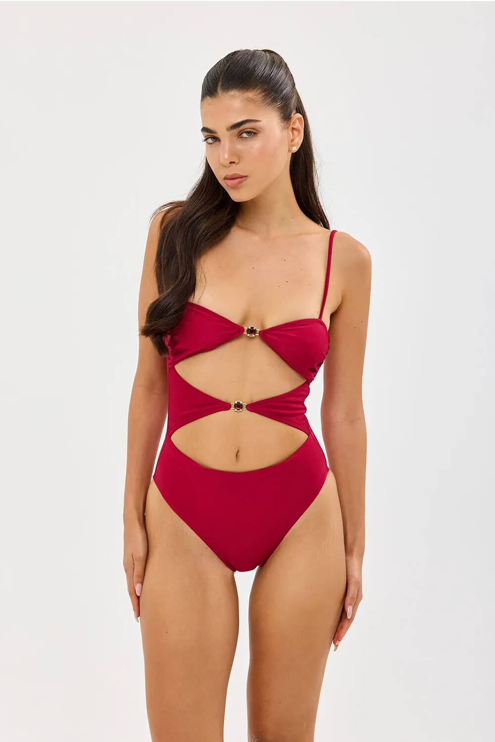 Red Cut Out One Piece Swimsuit With Gemstone Accents Details