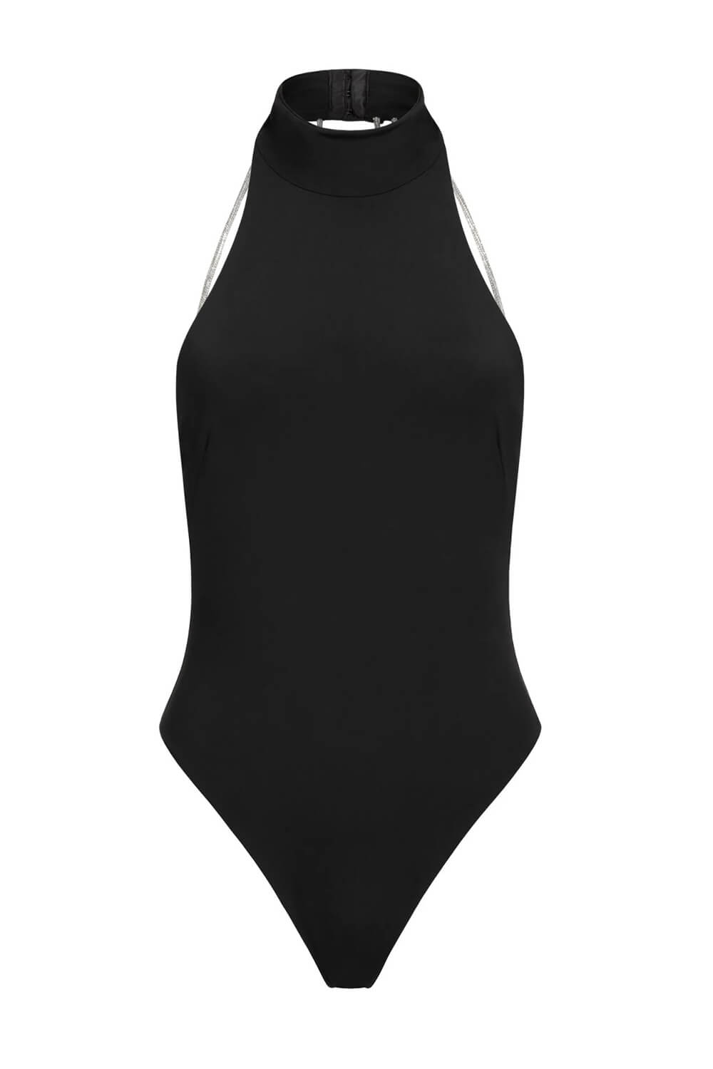 Black High Neck Open Back High-Cut Brazilian One Piece Swimsuit With Sparkling Rhinestone Laces Details