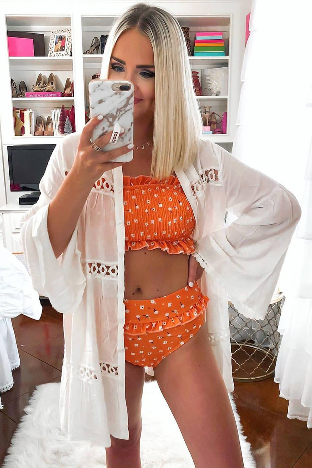 Orange Floral Smocked Ruffle Trim Bandeau Bikini Top