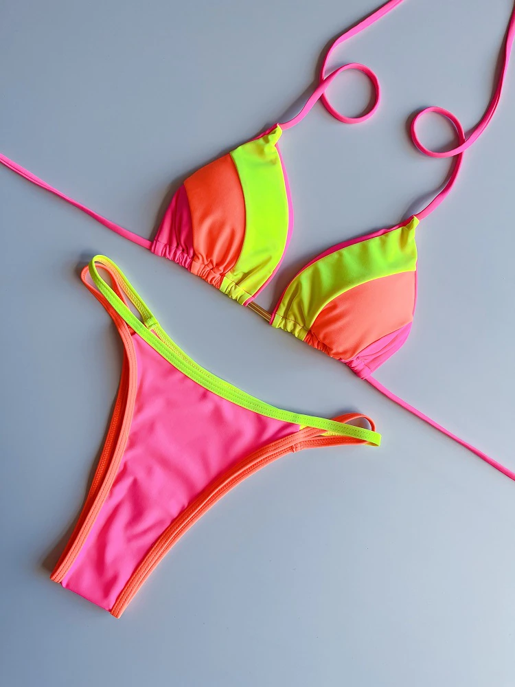 Brazilian Strappy Bikini Pink Orange Yellow