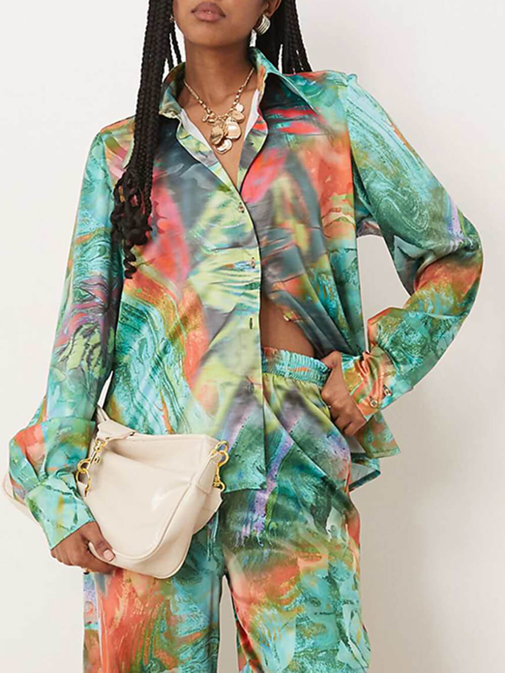 Einzigartige, lockere Hose mit weitem Bein und Satin-Ölgemälde-Print und elastischer Taille