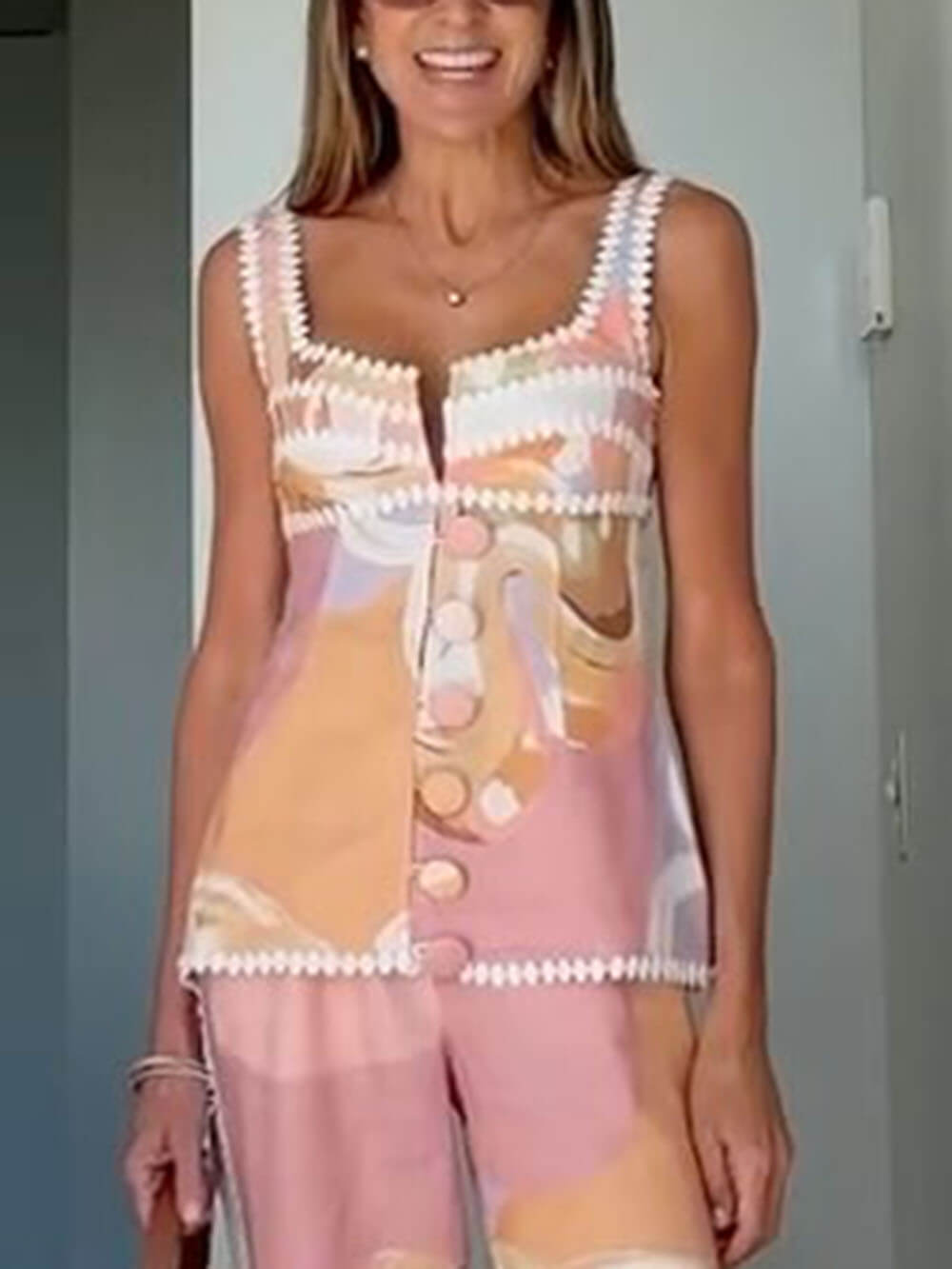 Summer Linen Blend Flowers Trims Unique Print Button Tank