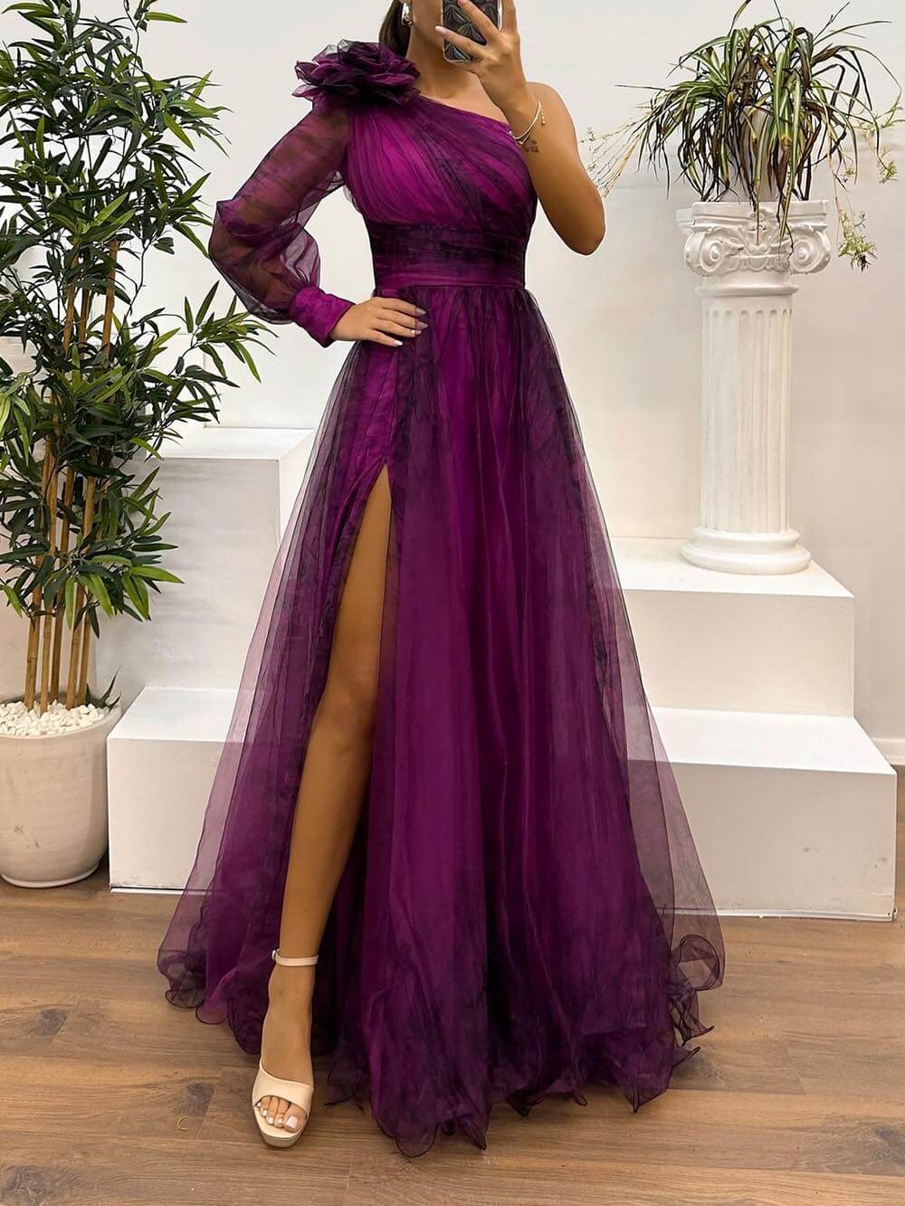 Exquisites, lässiges, schulterfreies Maxikleid mit Netzdruck