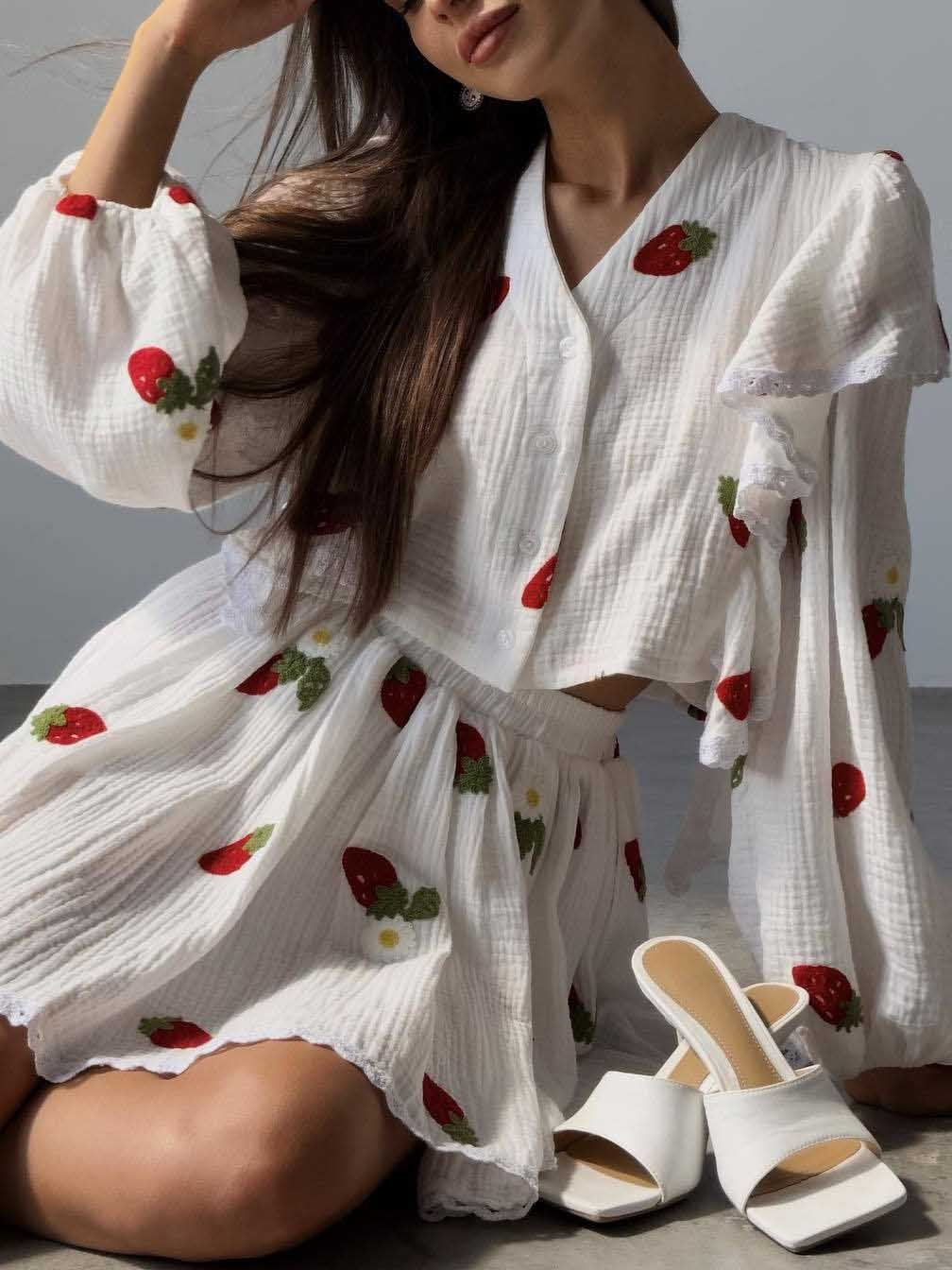 Ensemble deux pièces jupe courte à volants décontracté pour la maison