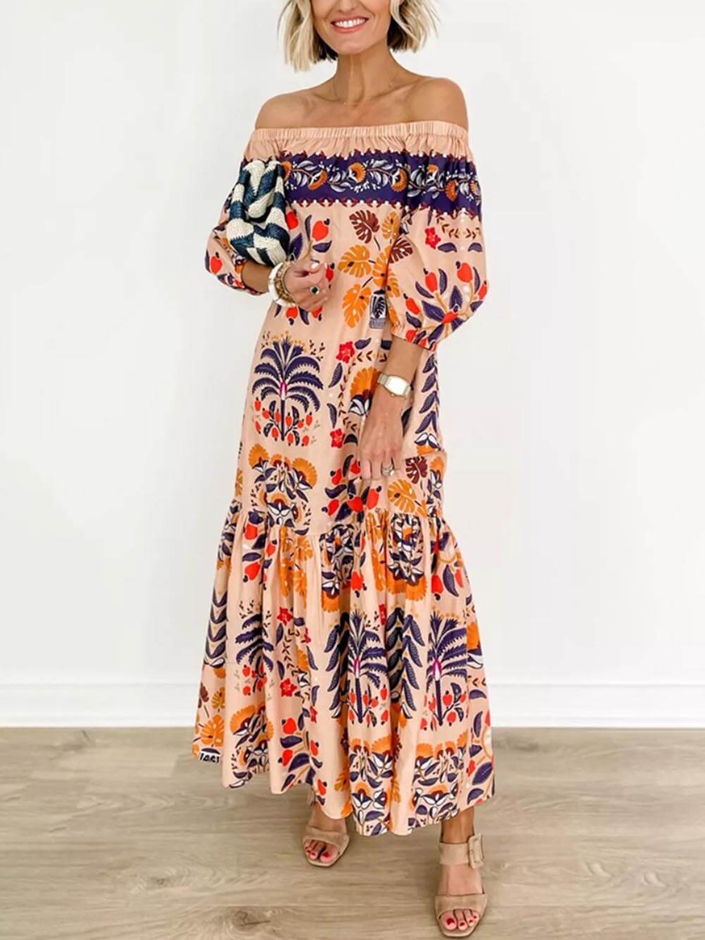 Robe mi-longue fluide à poches et épaules dénudées, imprimée et rétro Island Lover