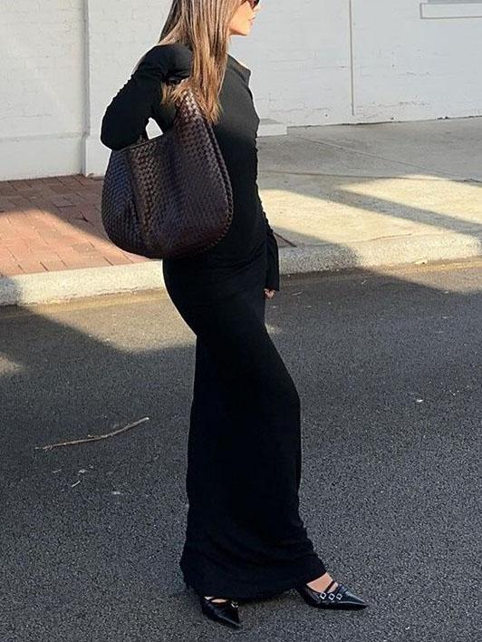 Einfarbiges, schulterfreies, langärmeliges Maxikleid