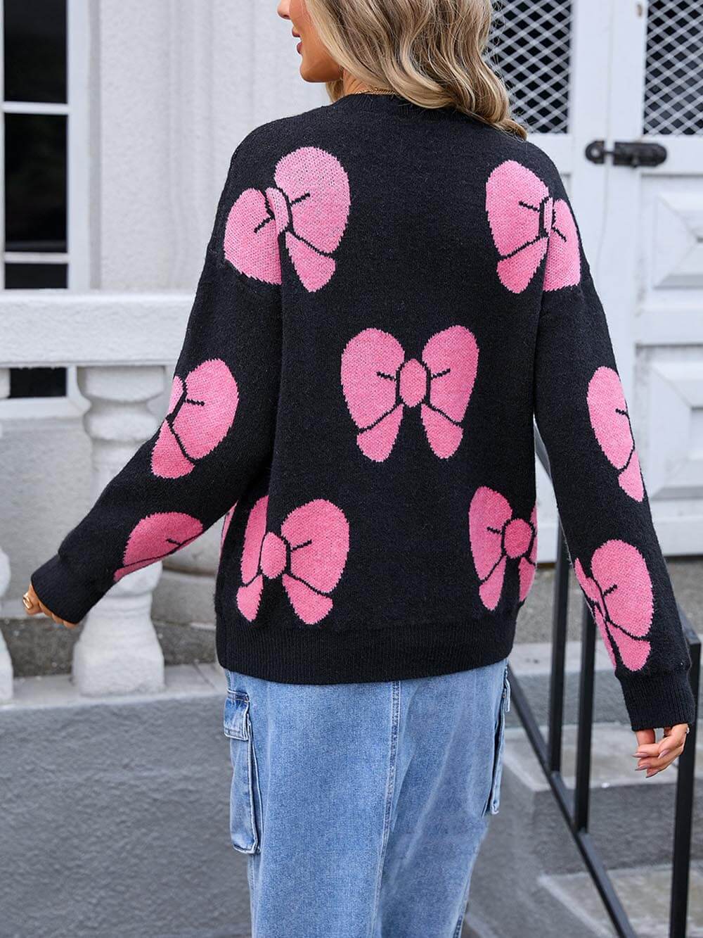 Klassischer, modischer, lockerer Rundhals-Strickpullover mit Schleife