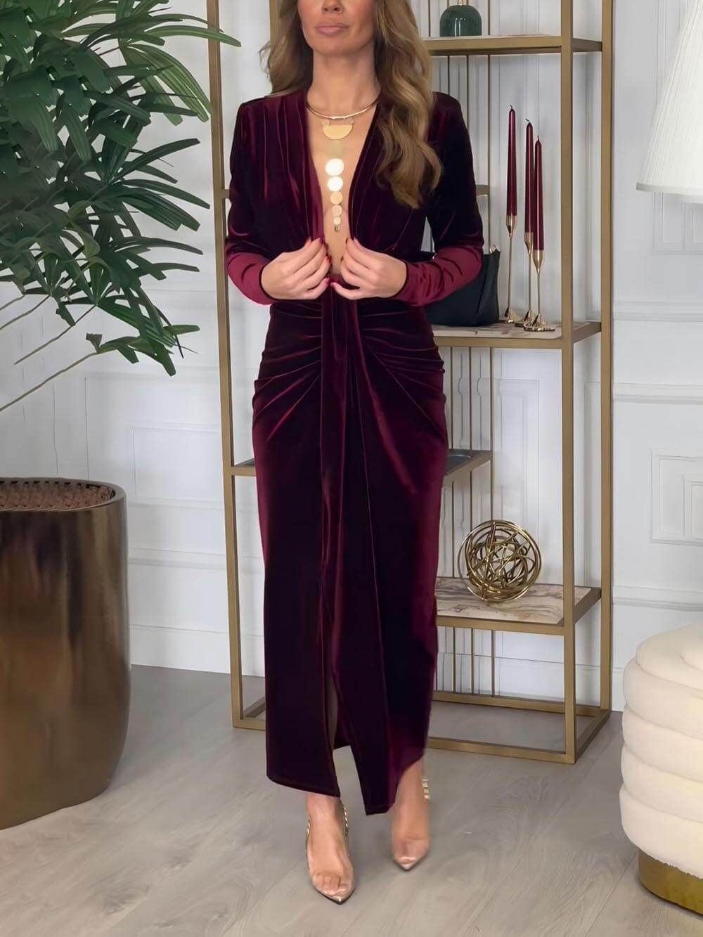 Classic Elegant Pleated Deep V Slit Party Maxi Dress – TopNeat