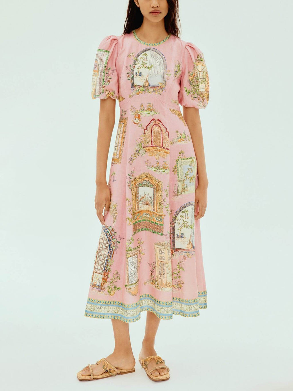 Robe mi-longue trapèze à manches bouffantes et imprimé jardin exquis