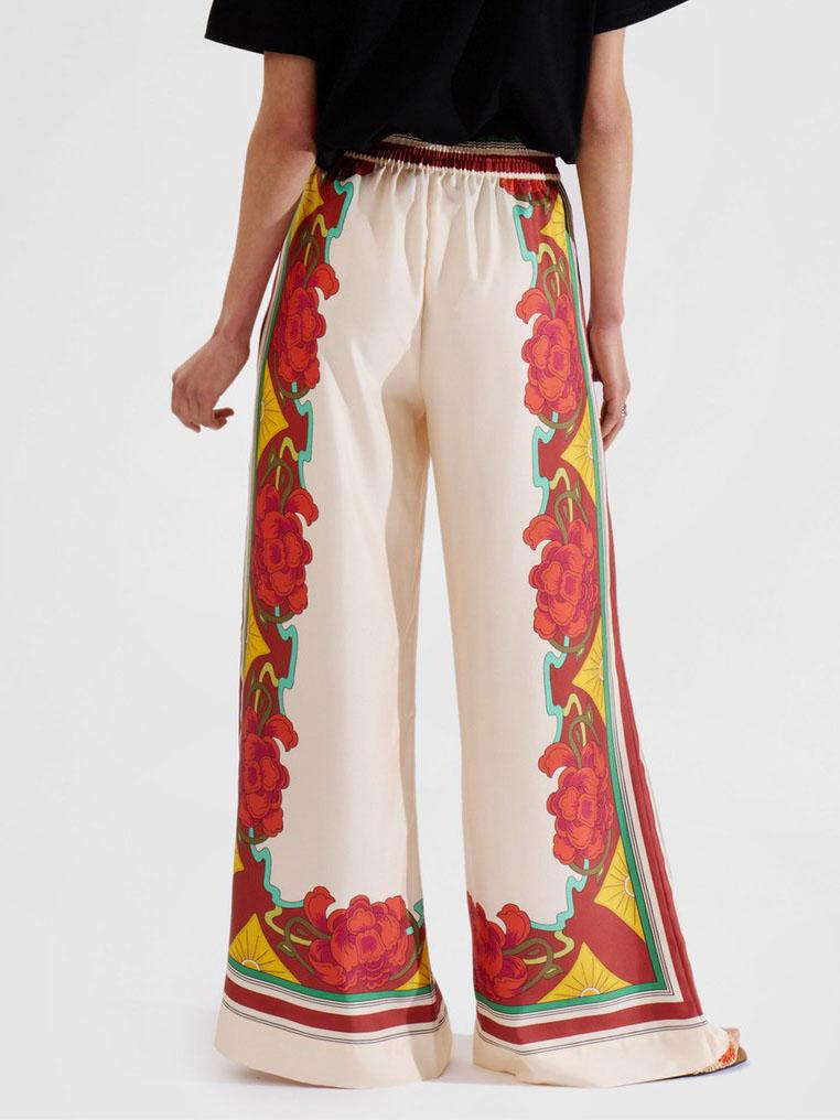 Pantalon large à taille élastique et imprimé floral exquis