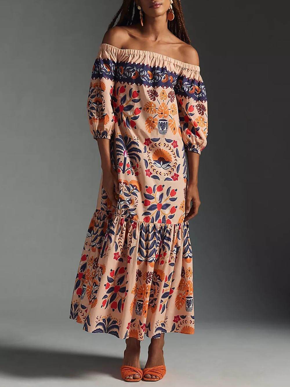 Robe mi-longue fluide à poches et épaules dénudées, imprimée et rétro Island Lover