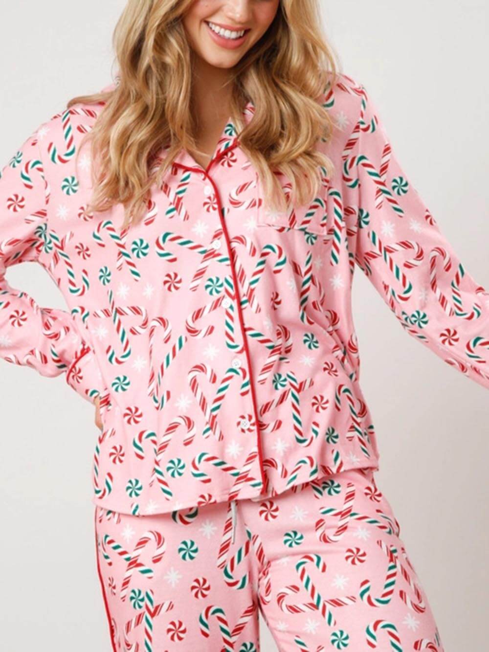 Ensemble de vêtements d'intérieur à manches longues et boutons imprimé flocon de neige Père Noël