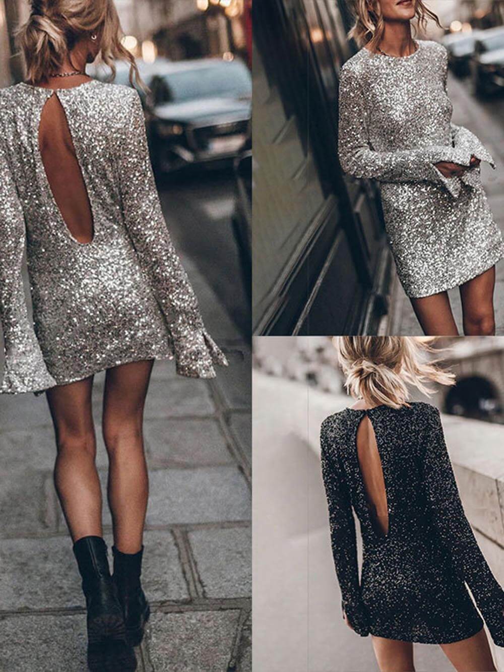 Lässiges, langärmliges, hüftbetontes Minikleid mit Pailletten