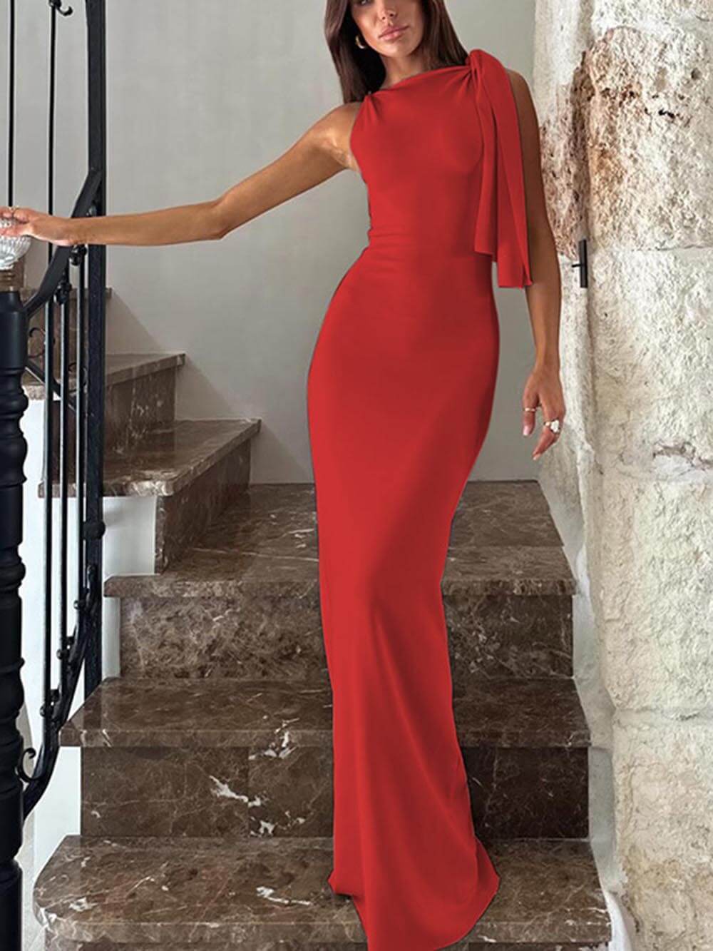 Robe longue de soirée à une épaule avec ruban tendance