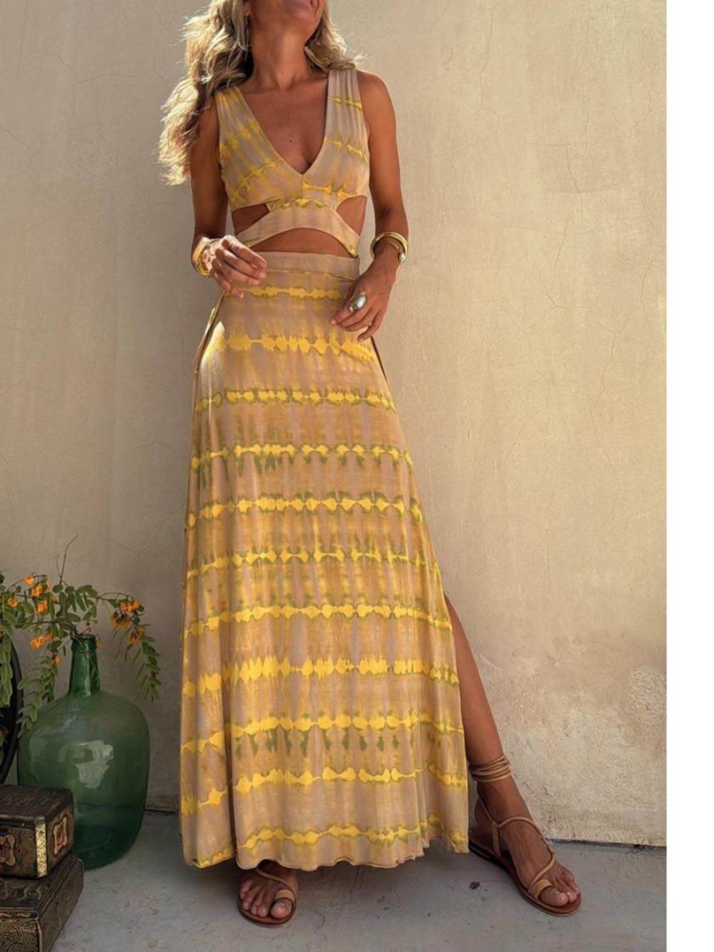 Robe extensible fendue à imprimé tie-dye unique et découpé