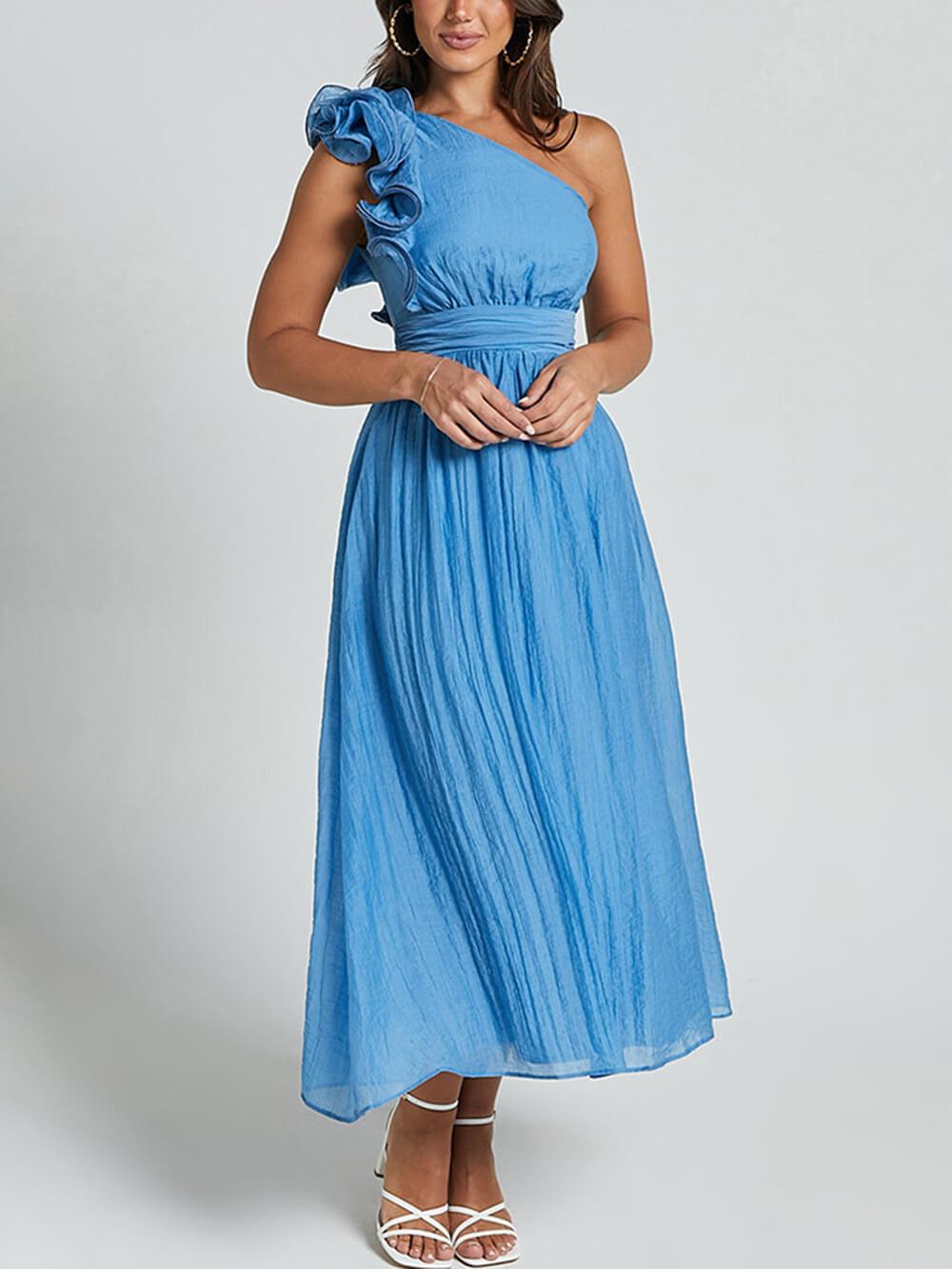 Unique Romantic Seaside – Einschultriges Midikleid mit Rüschendetail und Ärmeln