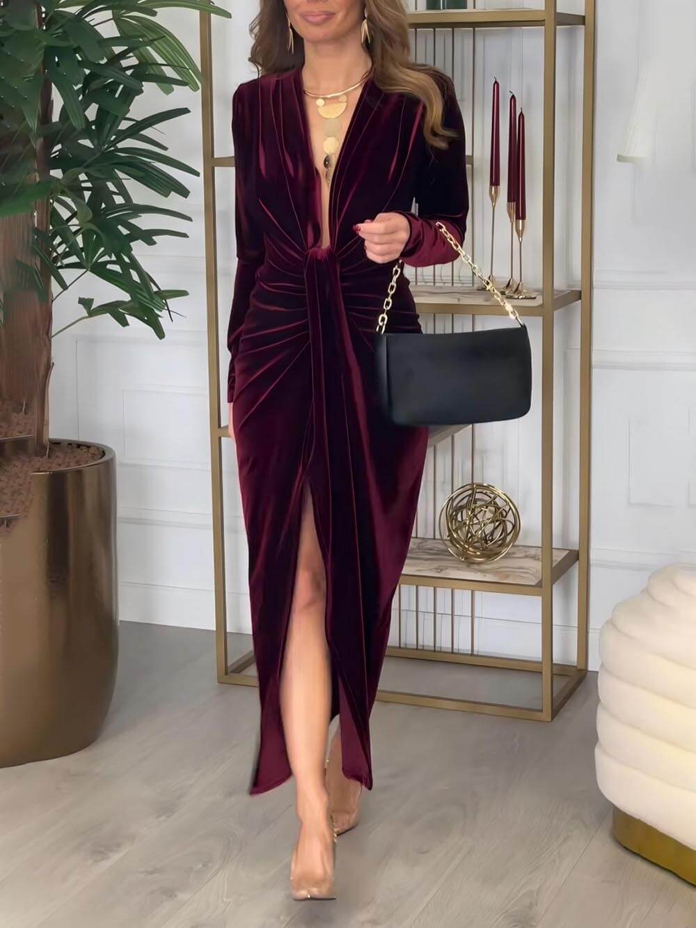 Classic Elegant Pleated Deep V Slit Party Maxi Dress – TopNeat