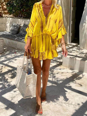 Robe courte caftan unique à volants et manches chauve-souris, taille élastique, effet tie-dye