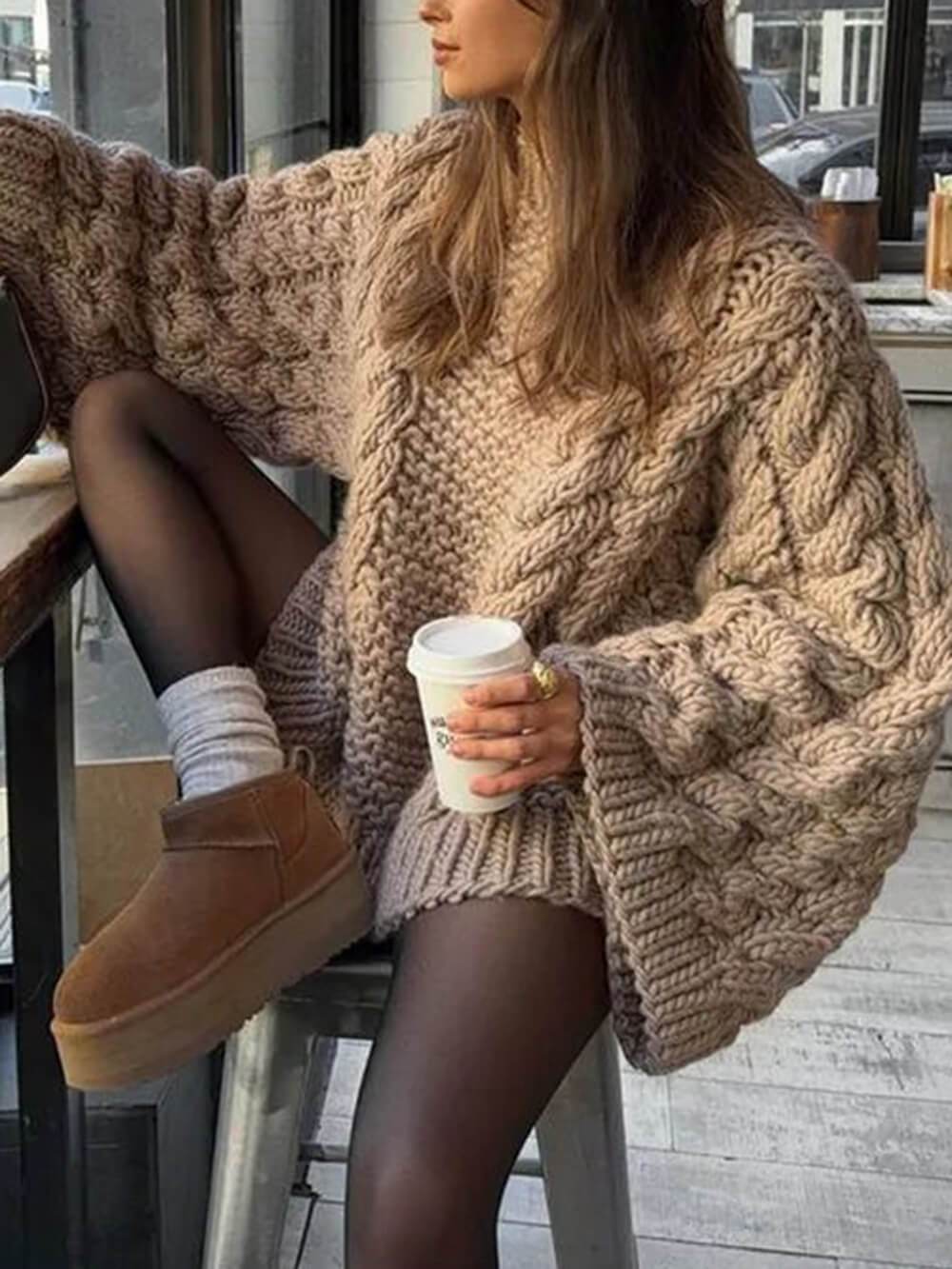Pull décontracté et polyvalent à manches trompette en maille torsadée