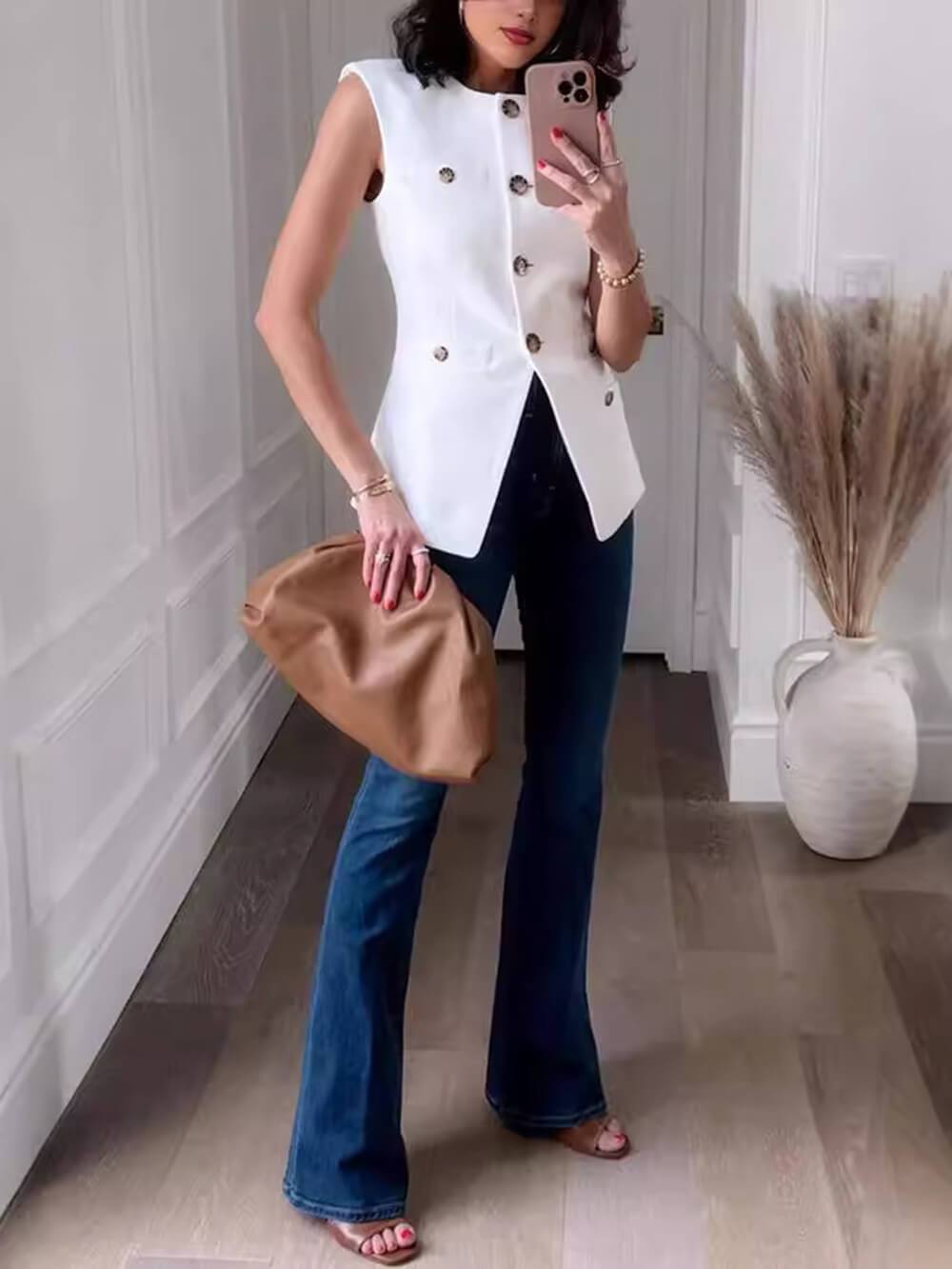 Veste décontractée sans manches à plusieurs boutons de couleur unie