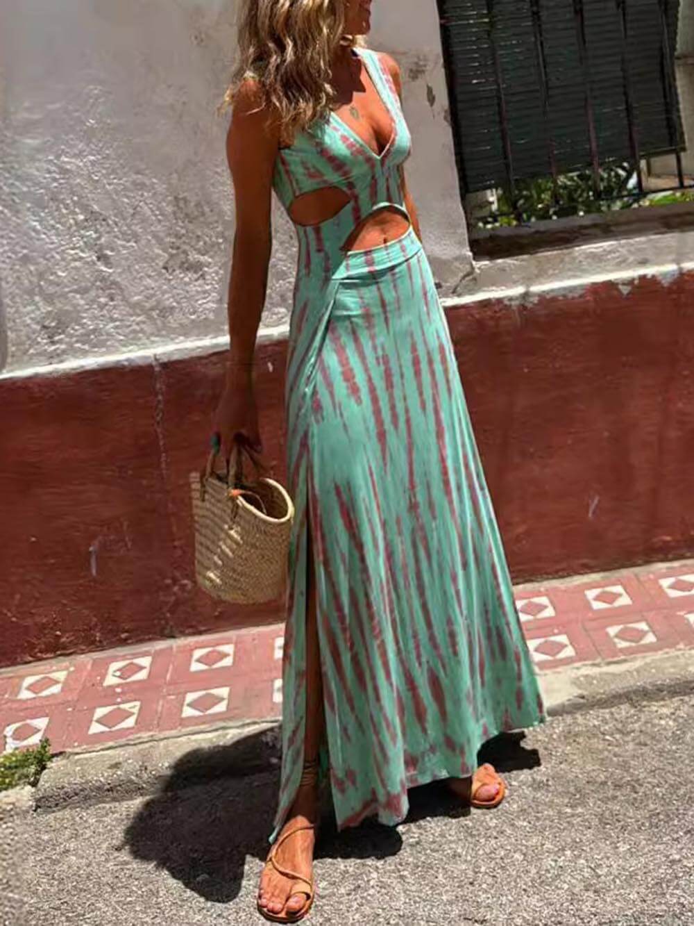 Robe extensible fendue à imprimé tie-dye unique et découpé