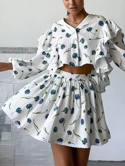 Ensemble deux pièces jupe courte à volants décontracté pour la maison