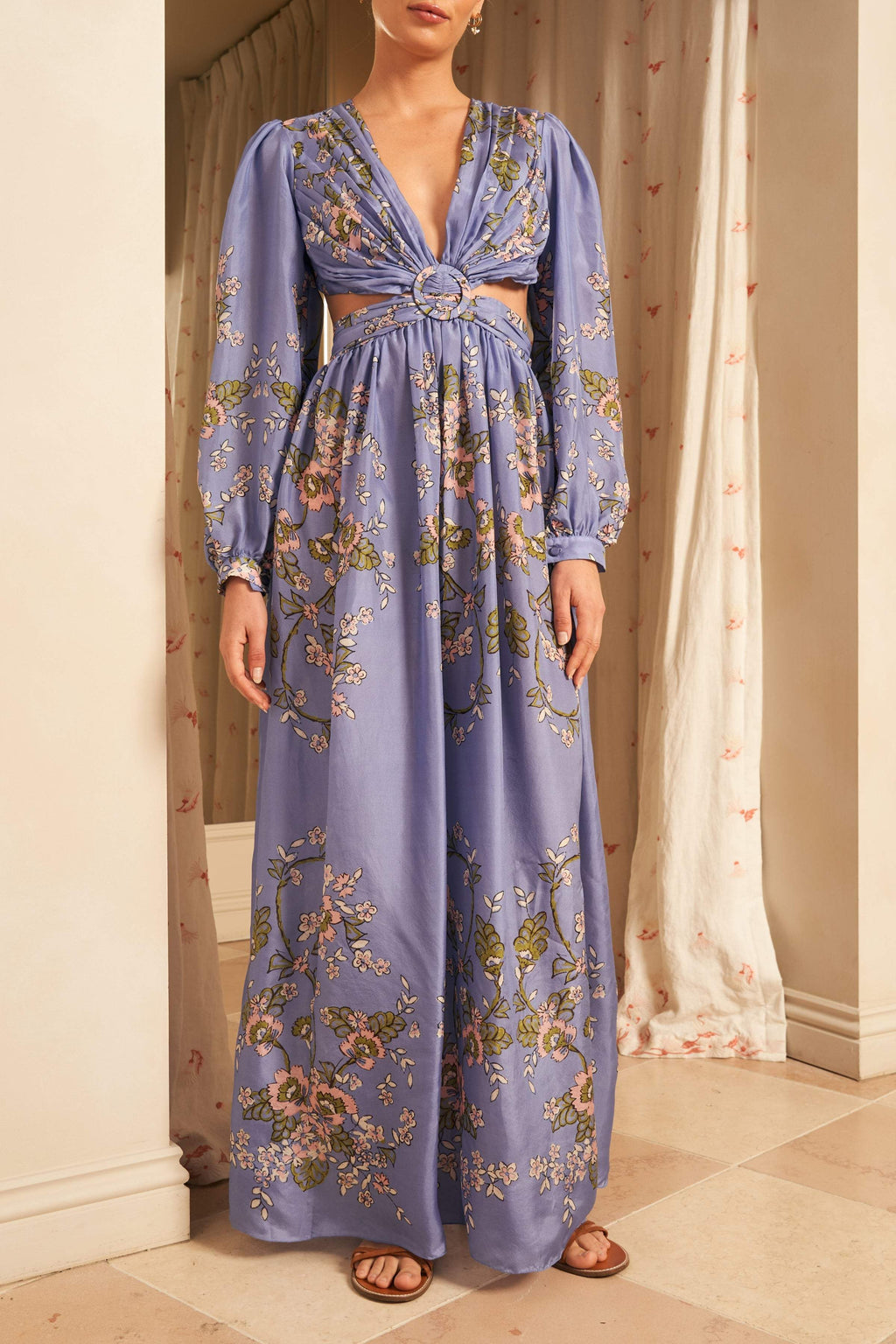 Exquisite Floral Print Hollow Maxi Dress