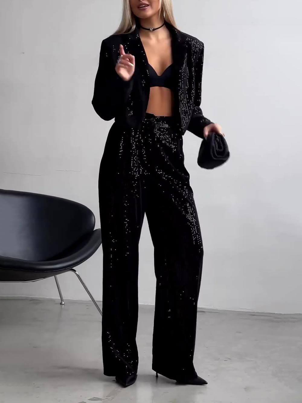 Pantalon taille haute à paillettes et poches classiques