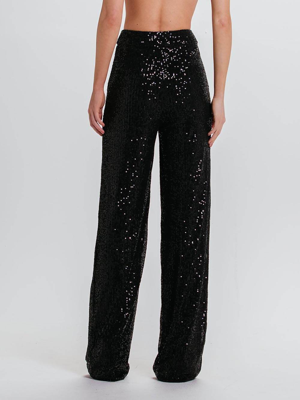 Pantalon taille haute à paillettes et poches classiques