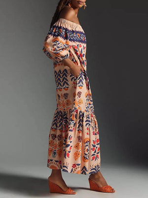Retro Island Lover – Schulterfreies, fließendes Midikleid mit Taschen und Print