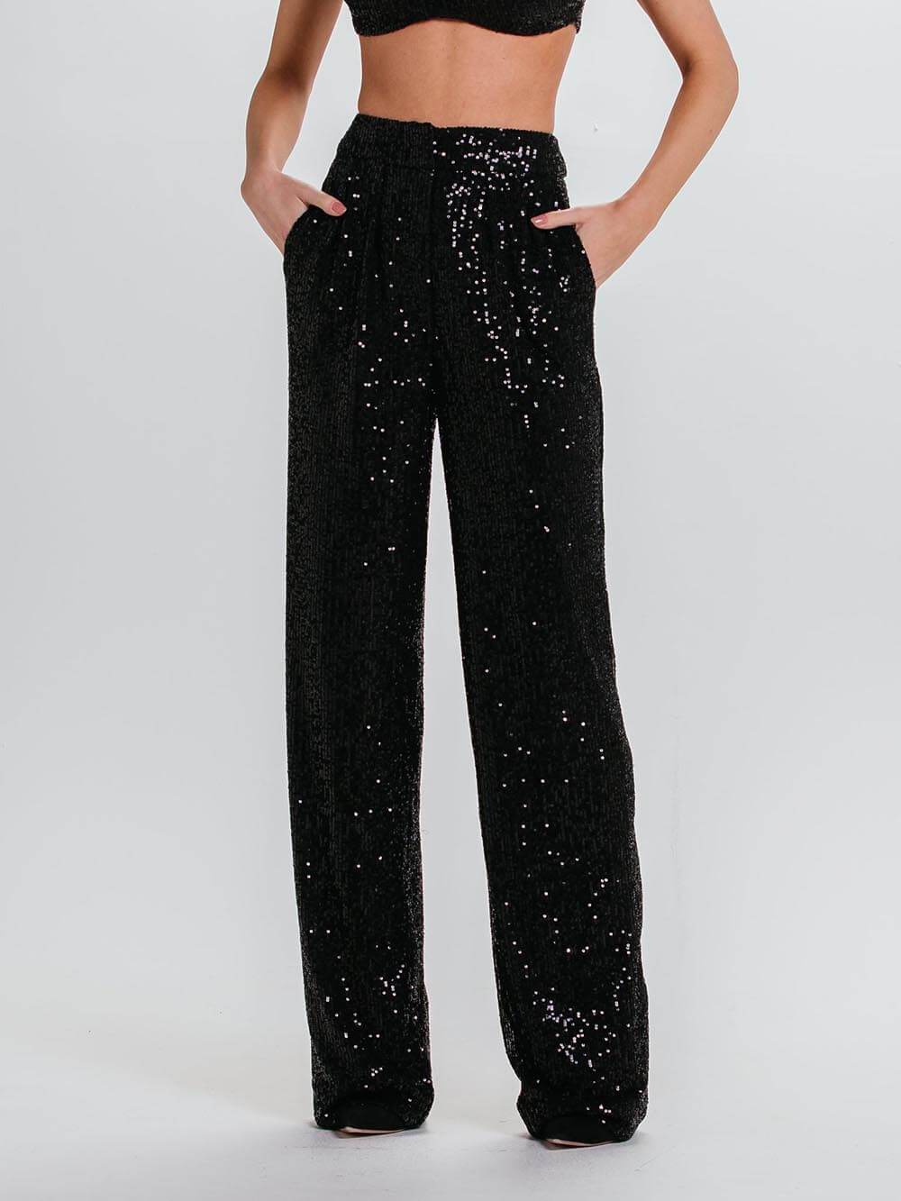 Pantalon taille haute à paillettes et poches classiques