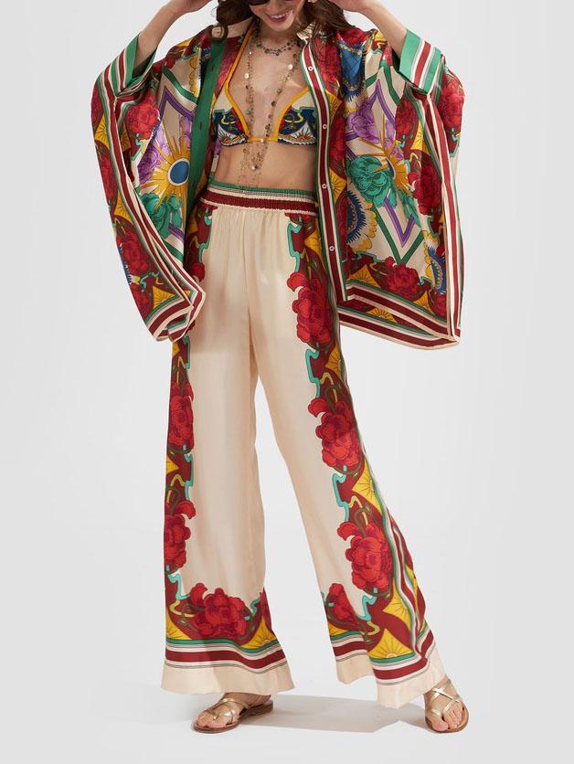 Pantalon large à taille élastique et imprimé floral exquis