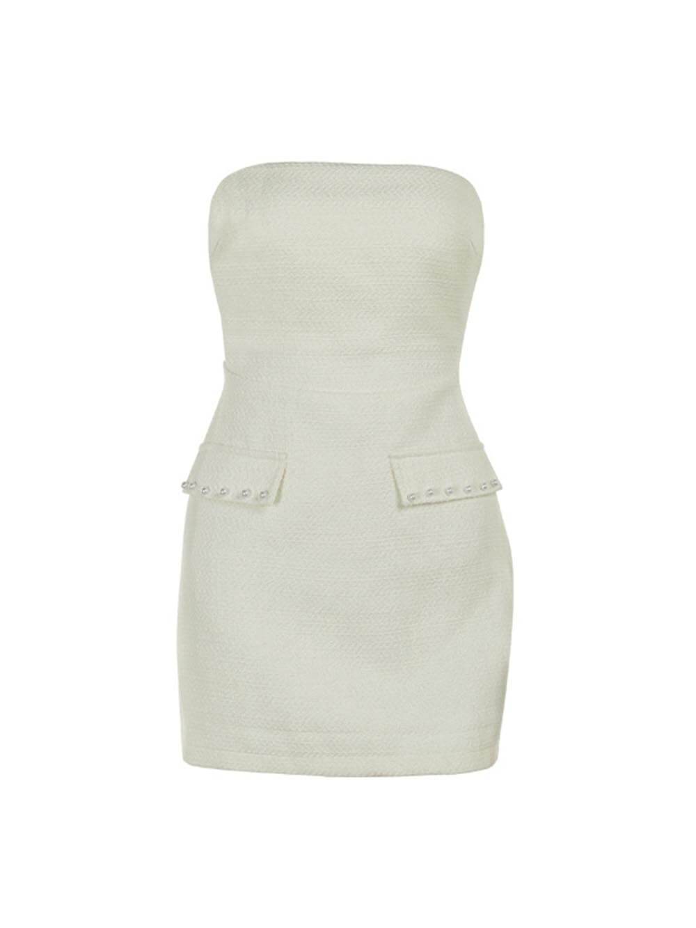 Elegantes, stilvolles, ärmelloses, sexy, schmal geschnittenes Minikleid aus Tweed mit Perlenverzierung