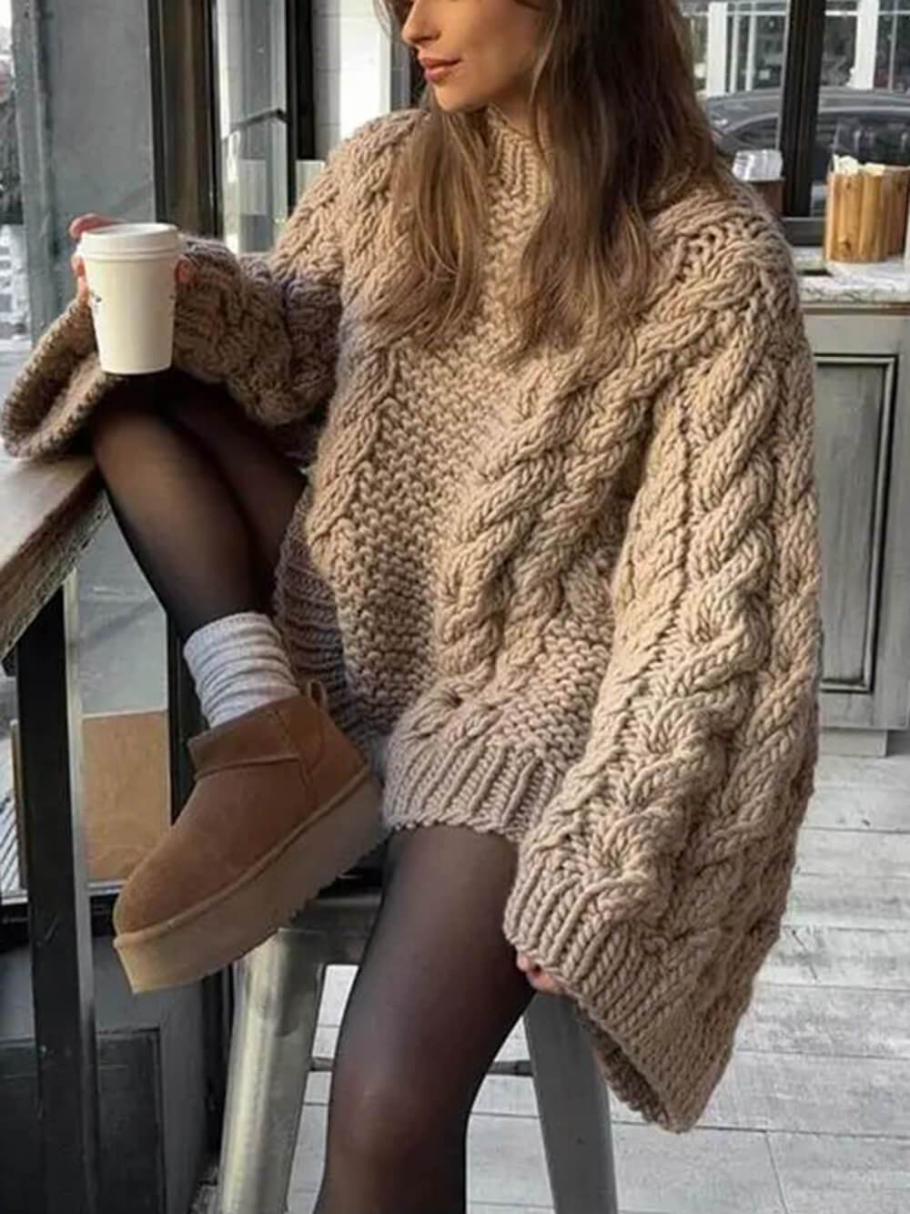 Pull décontracté et polyvalent à manches trompette en maille torsadée