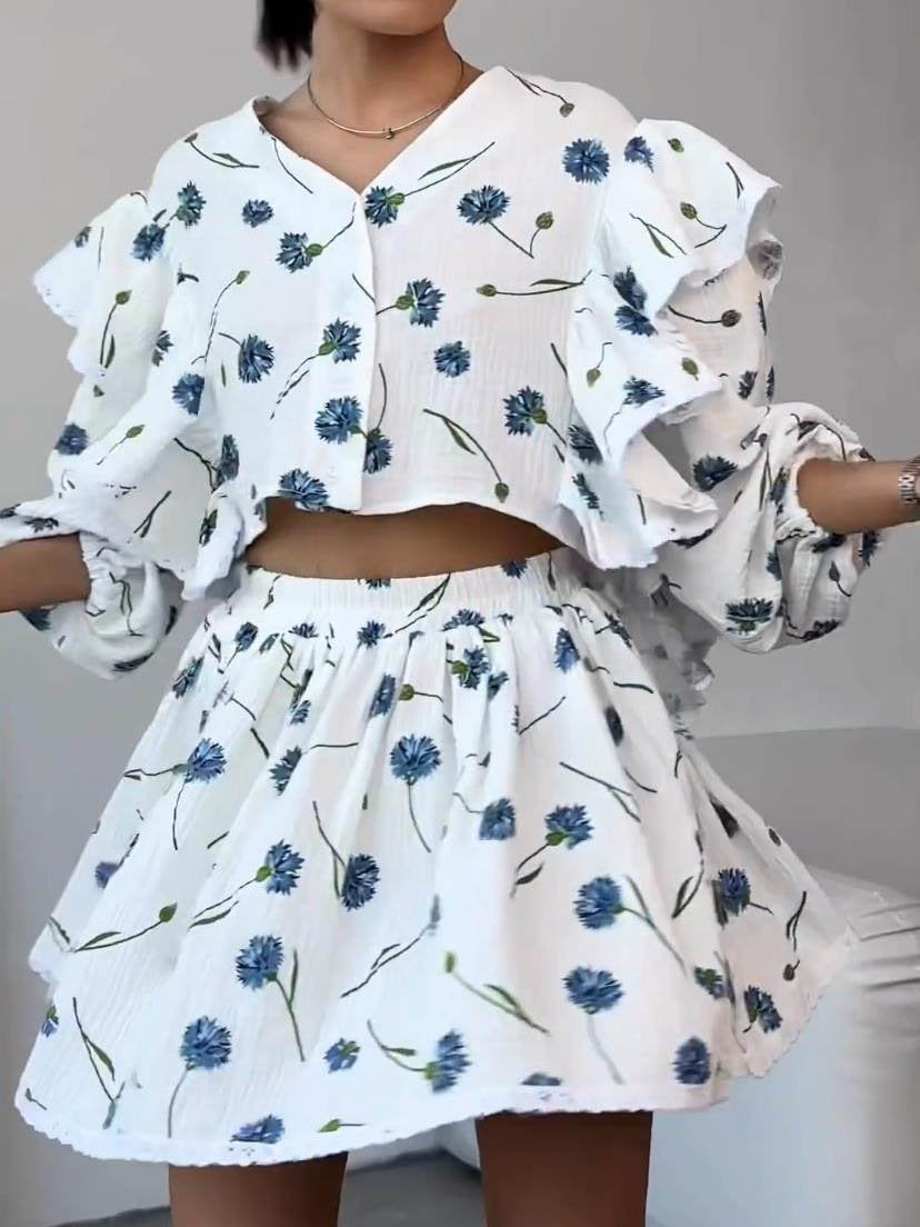 Ensemble deux pièces jupe courte à volants décontracté pour la maison