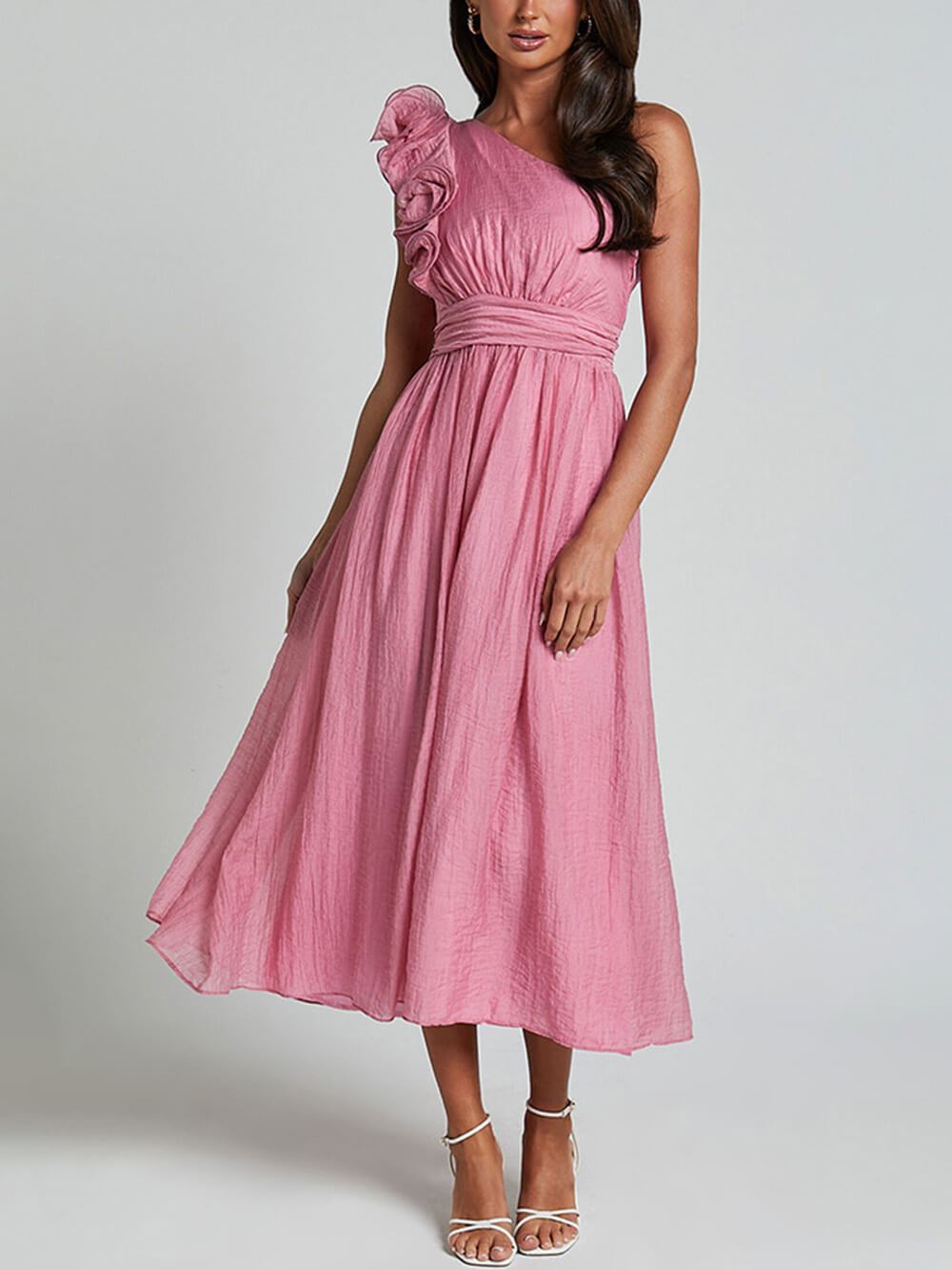 Unique Romantic Seaside – Einschultriges Midikleid mit Rüschendetail und Ärmeln
