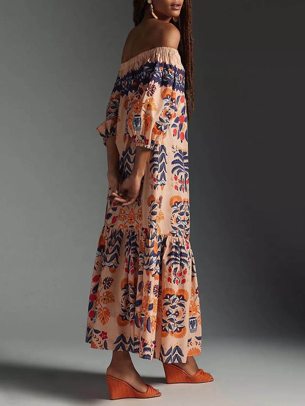 Robe mi-longue fluide à poches et épaules dénudées, imprimée et rétro Island Lover