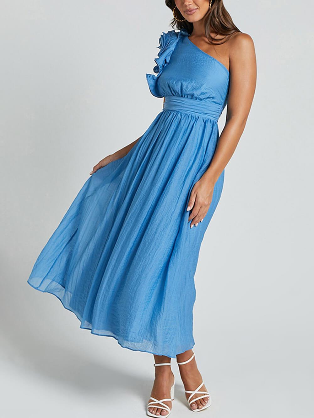 Unique Romantic Seaside – Einschultriges Midikleid mit Rüschendetail und Ärmeln